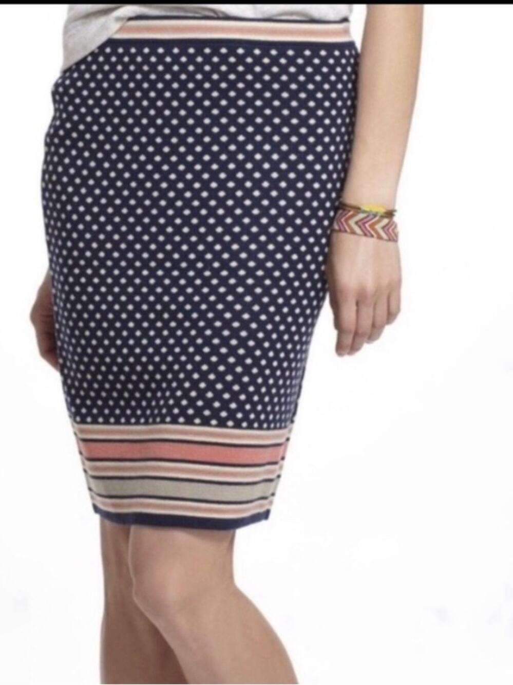 sparrow Navy Polka Dot Knit Pencil Skirt with Orange and Cream Stripes